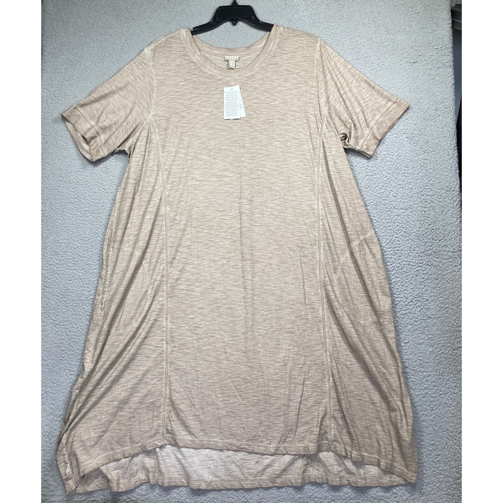 LOGO Lori Goldstein T-Shirt Dress Women 3X Tan Slub Knit Pockets Short Sleeve